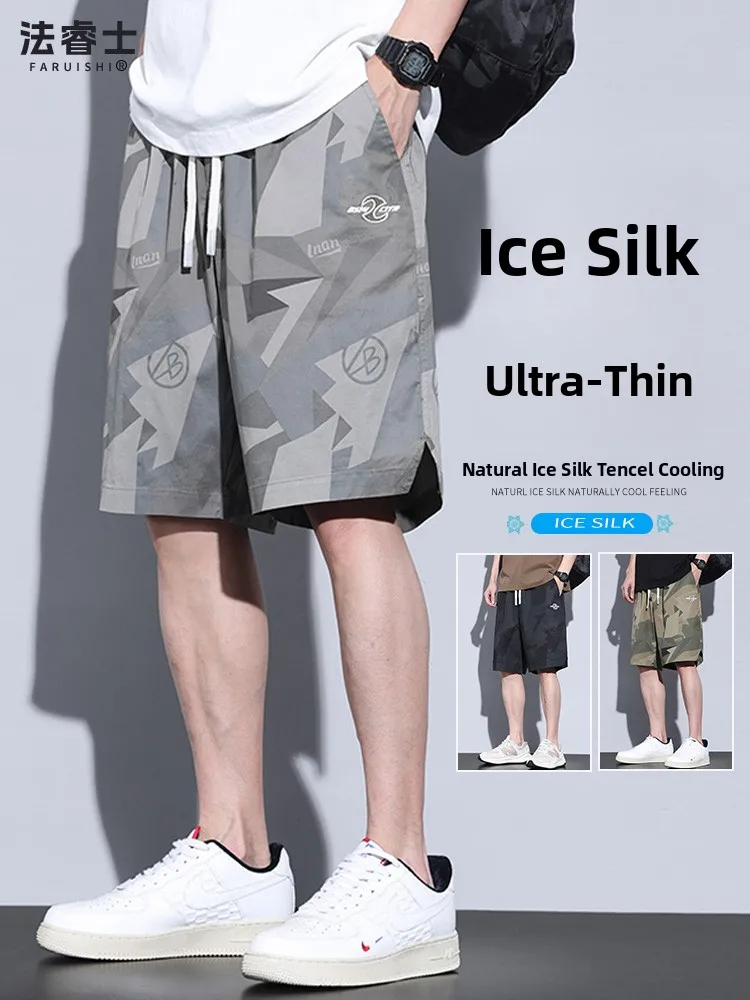 

Camouflage Workwear orts Men's Summer Thin Loose Baskeall Mid-Pants Ice Silk Five-Part Pants Breathable Lightweight Cotton