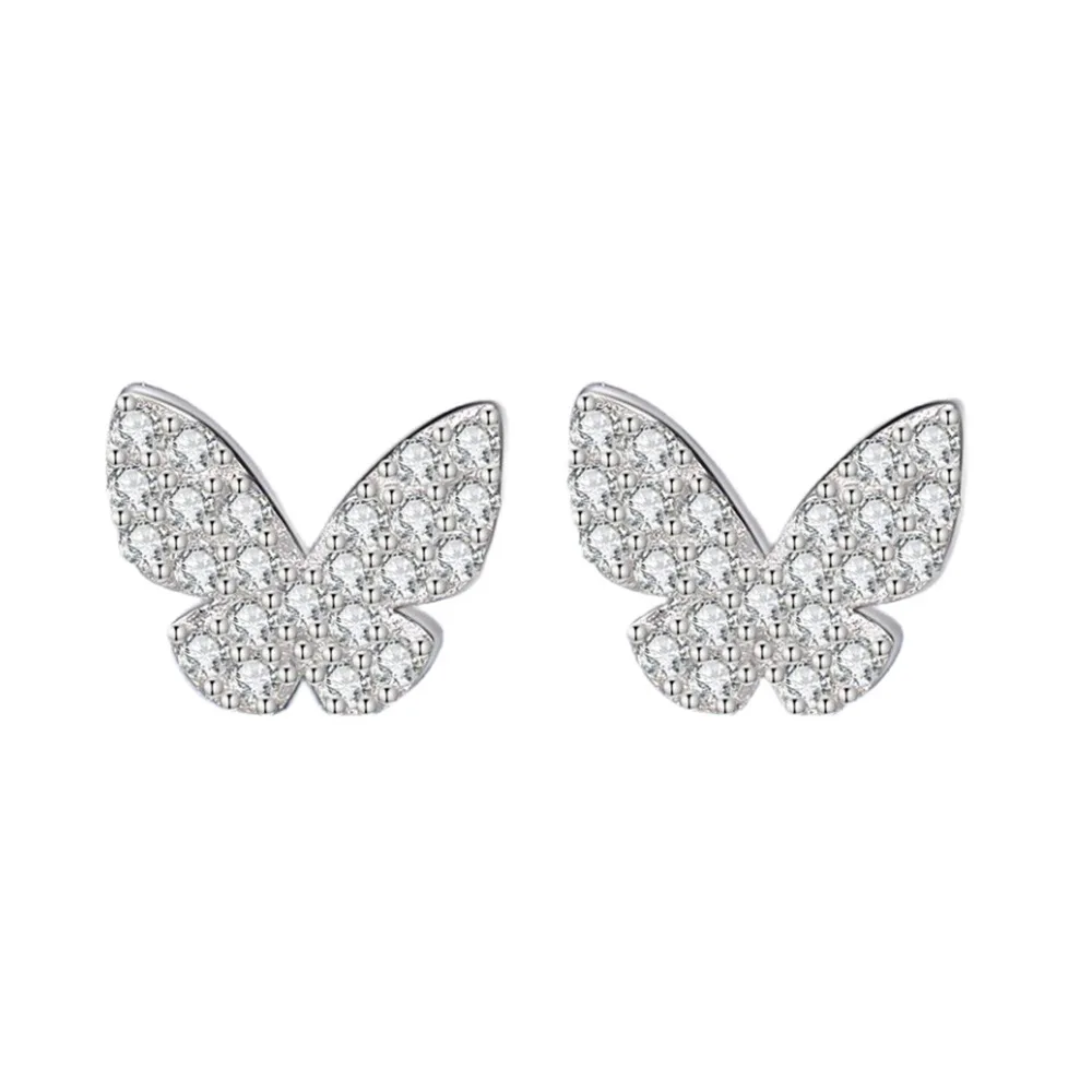 Real Money 925 Sterling Silver Crystal Butterfly Stud Earrings for Women Cute Zircon Silver Fashion Wedding Party Jewelry