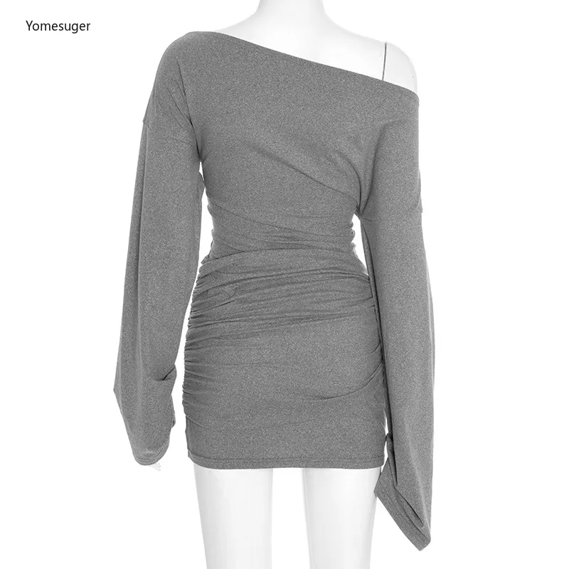 Yomesugar エレガントなワンショルダーボディコンドレス女性のヒップスターセクシーなスキューカラー長袖シャーリングミニドレスパーティークラブウェア