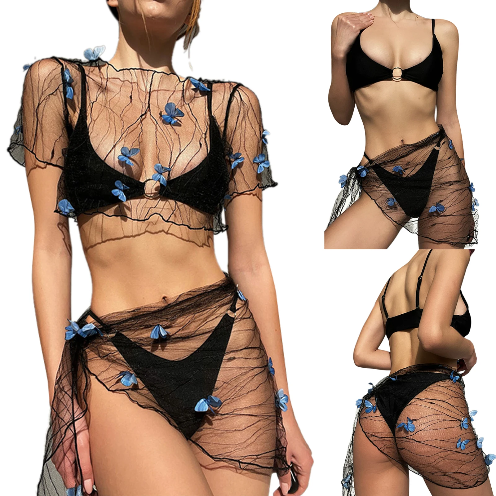 Women\'s Bikini Cover-up Set Mesh Sheer Three-dimensional Butterfly Decoration Short Sleeve Crop Tops Tie-up Sarong Wrap Skirt