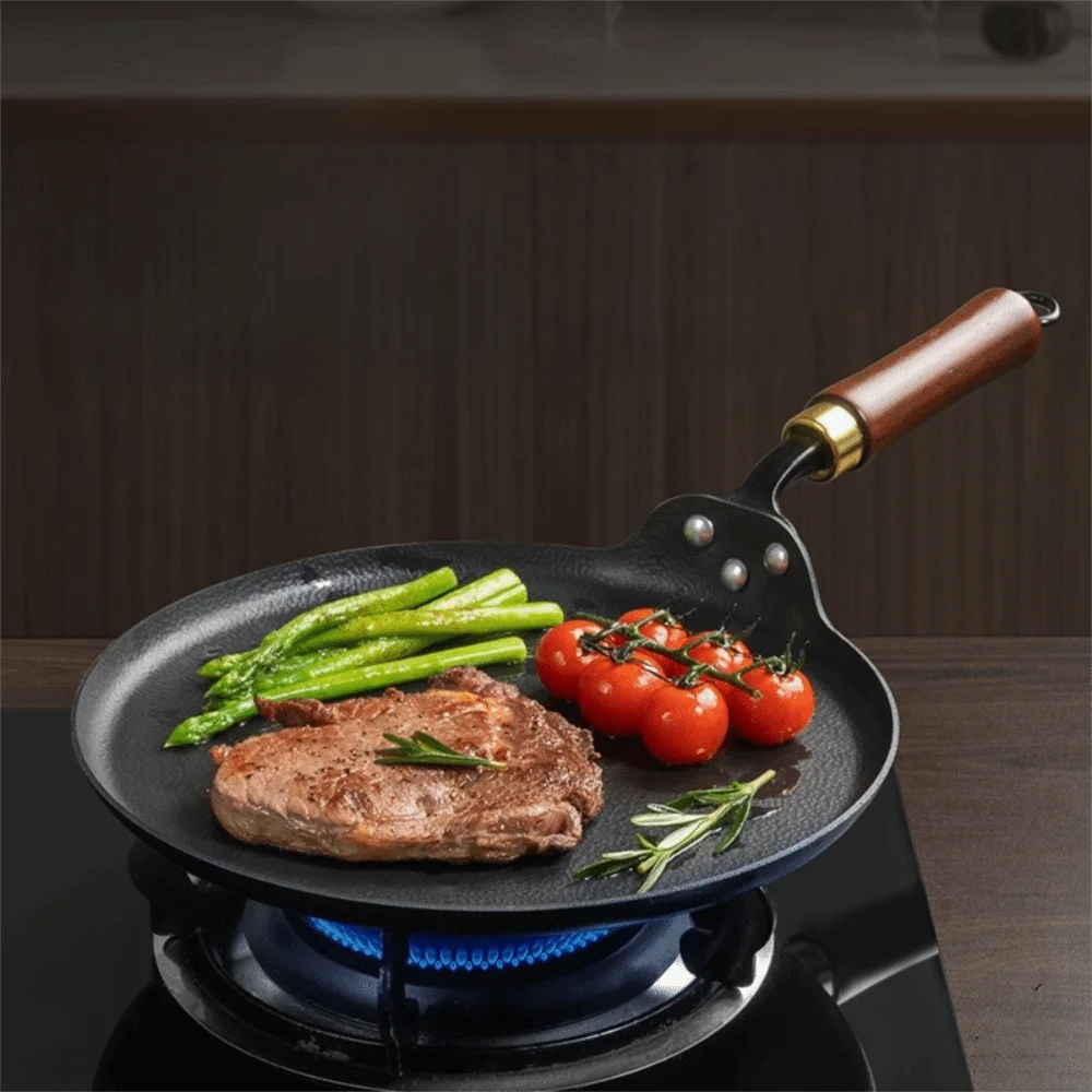 

Multi Purpose Uncoated Cast Iron Frying Pan Wood Handle Universal Pancake Pan Thickened Non-stick Pan Induction Cooker