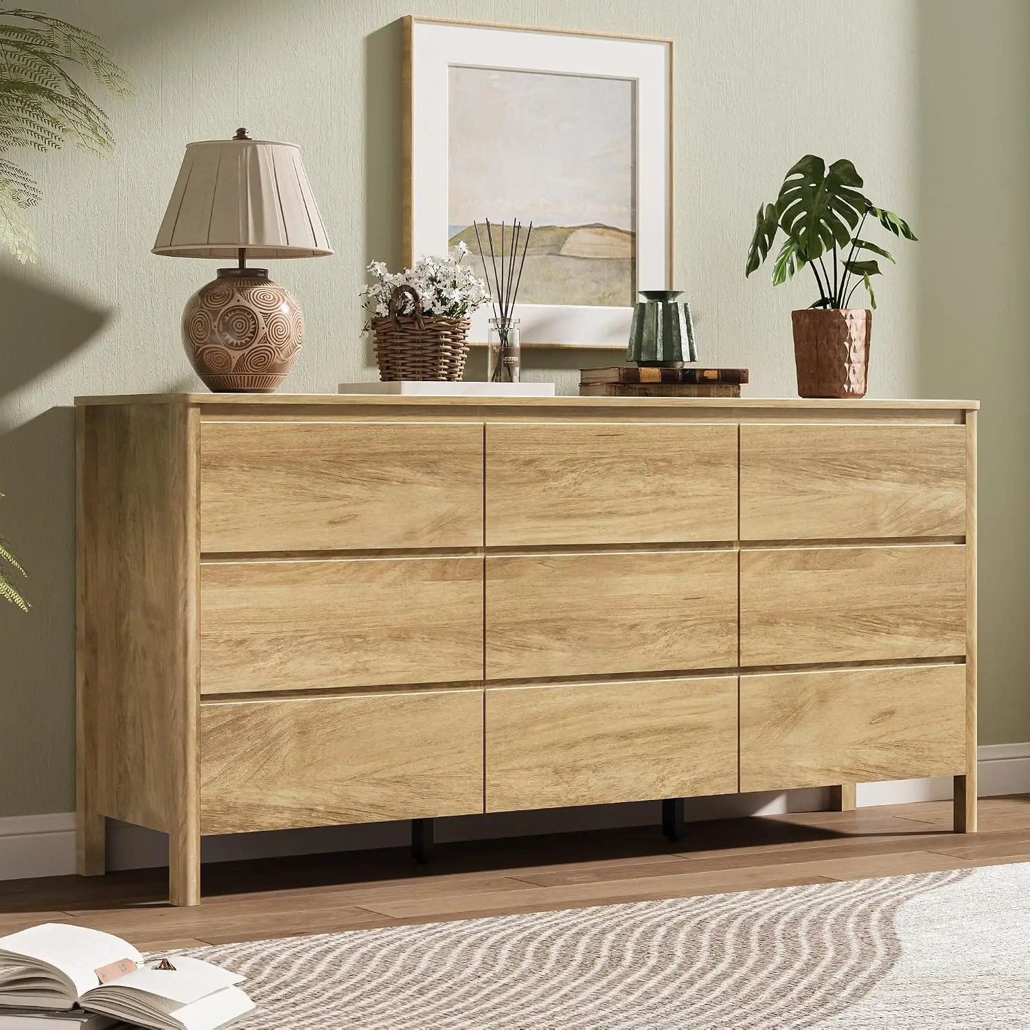 Oak 9 Drawer Dresser for Bedroom, 63" Wide Modern Wood Dresser, Customized