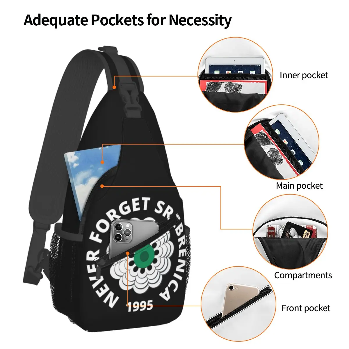 Never Forget Srebrenica Crossbody Sling Bags Small Chest Bag Shoulder Backpack Daypack for Travel Hiking Cycling Satchel