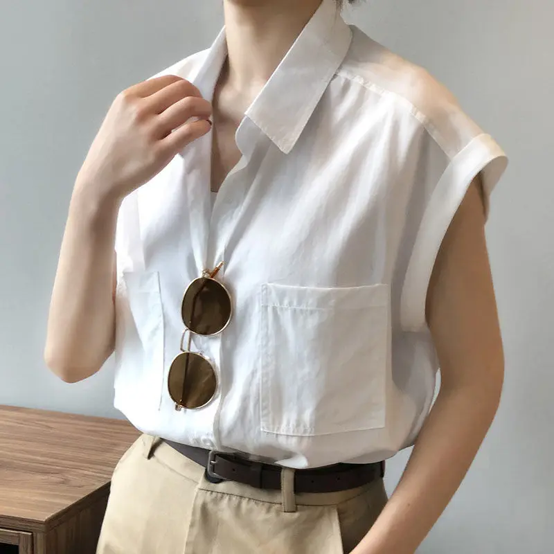 Women Vintage Simple White Button Up Shirt Summer Trendy Short Sleeve Loose Chic Blouse Y2K Streetwear Cotton Tops Blusas Mujer