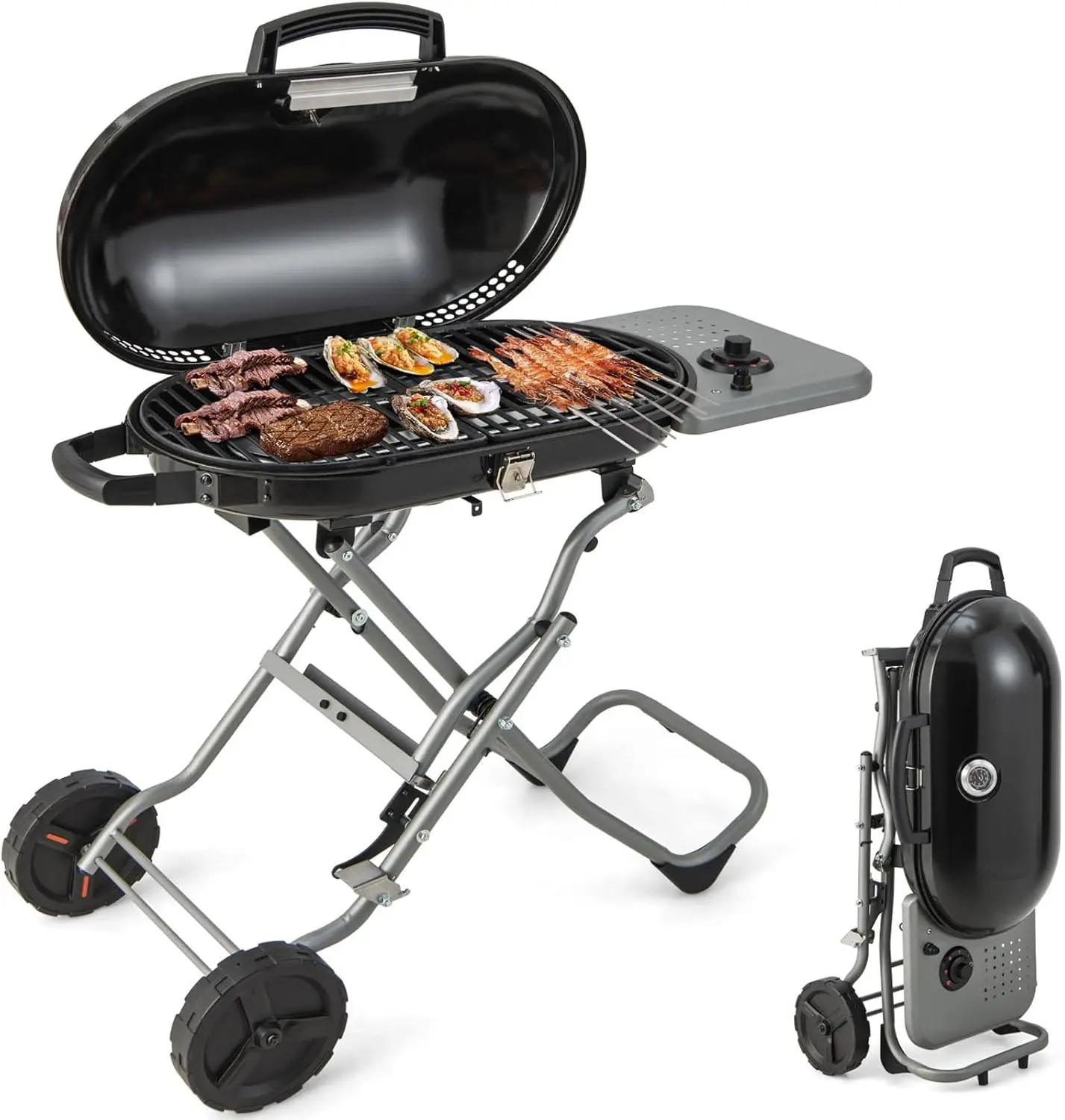 

Giantex Gas Grill, Portable Propane Grill with 15,000 BTUs Burner, Side Table, 2 Wheels, Grease Tray, Metal Frame, bbq grill