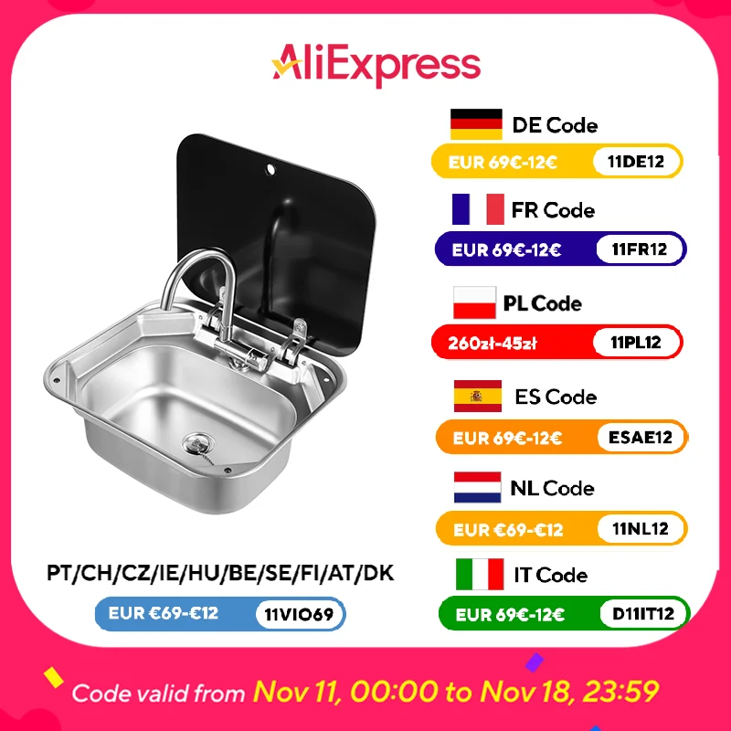 16.7x14.7 بوصة حوض غسيل اليد الفولاذ المقاوم للصدأ RV بالوعة مع صنبور مطوية الزجاج المقسى غطاء فان مقطورة معدات التخييم الملحقات #1