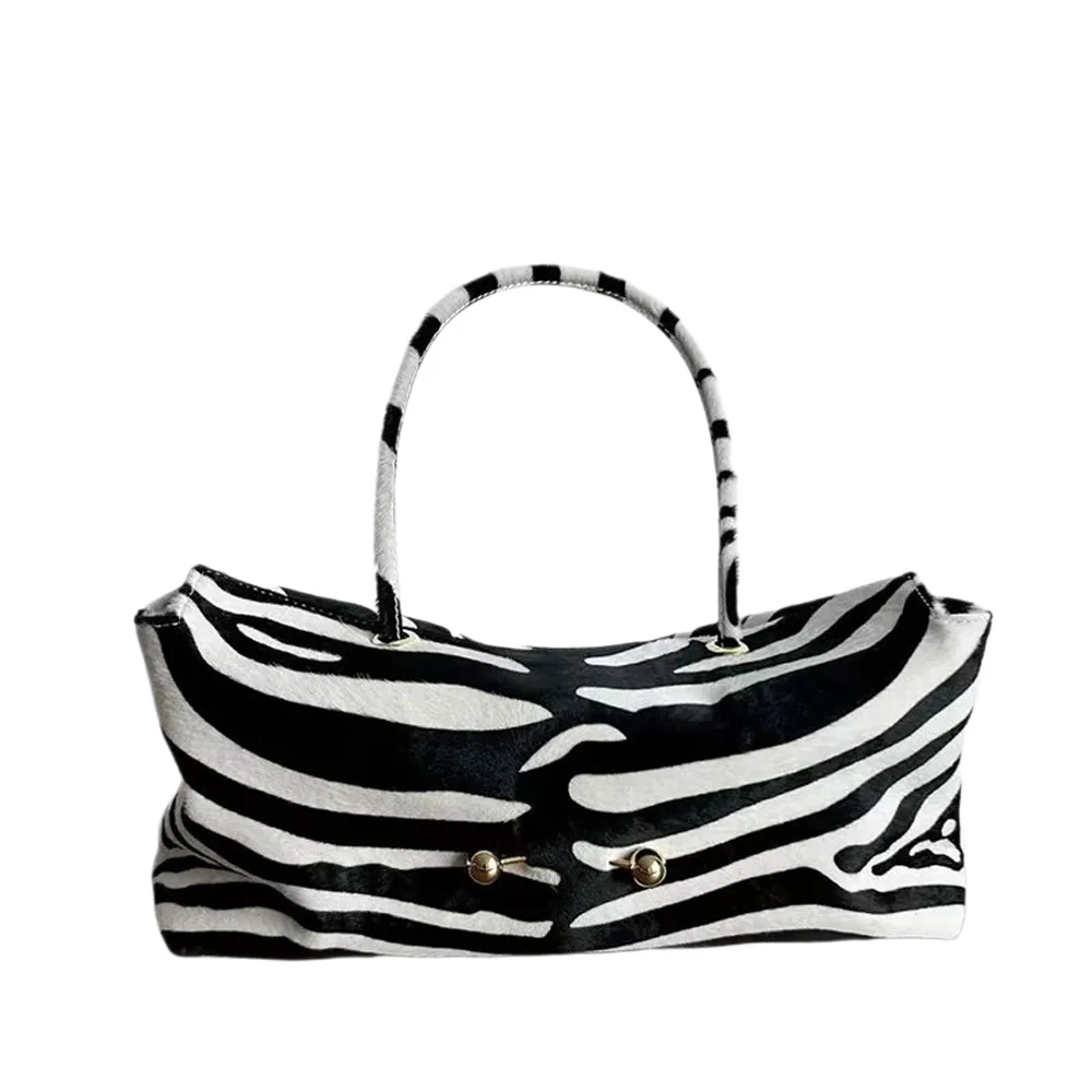 SHELKSBAG New Zebra Print Vintage Tote Bag Women Large Capacity Soft Top Handle Handbag Gold Ball Snap Underarm Shoulder Bag