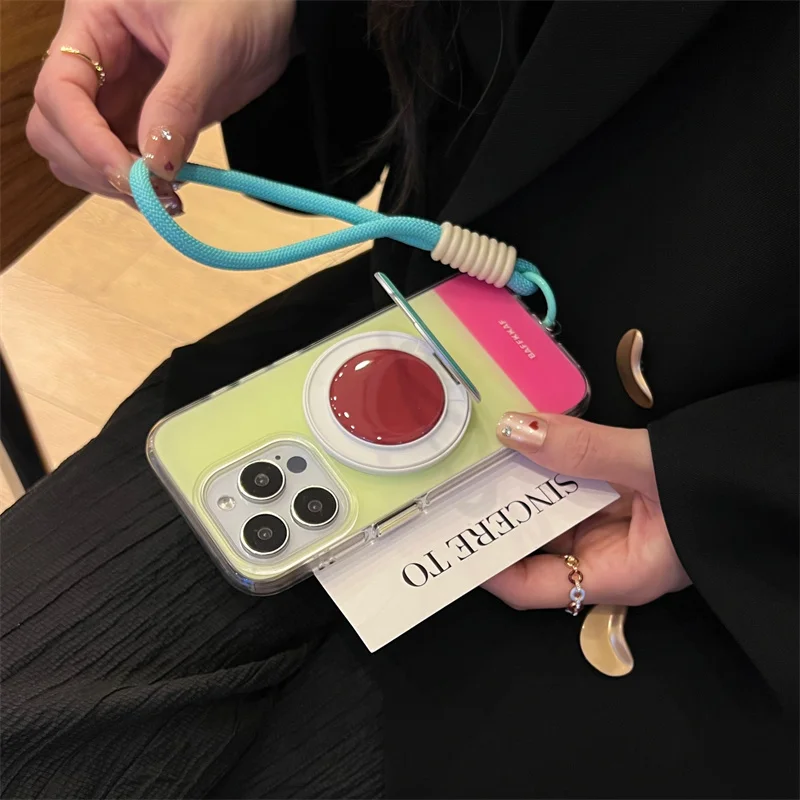 Cute Collision Color Magnetic Phone Case For iPhone 17 Pro 15 14 16 Pro Max Cover with Magsafe Stand Hand Rope Shockproof Funda