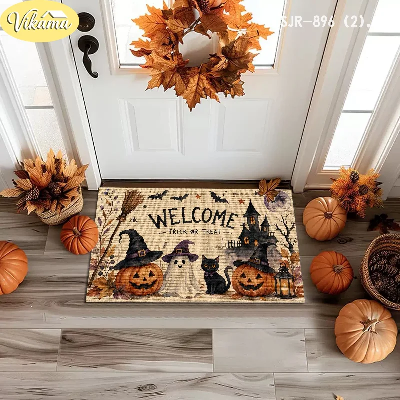 VIKAMA Halloween Door Mat Pumpkin Ghost Black Cat Witch Hat Castle Bat Print Non Slip Rug For Entrance Hallway Party Decoration