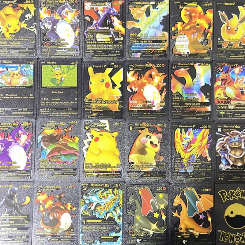 Carte de renforcement Flash Pokémon, feuille d'or, carte noire, arc-en-ciel doré, personnages d'anime, Pikachu, Mewtwo, Eevee, Gengar, ensemble de 55 pièces