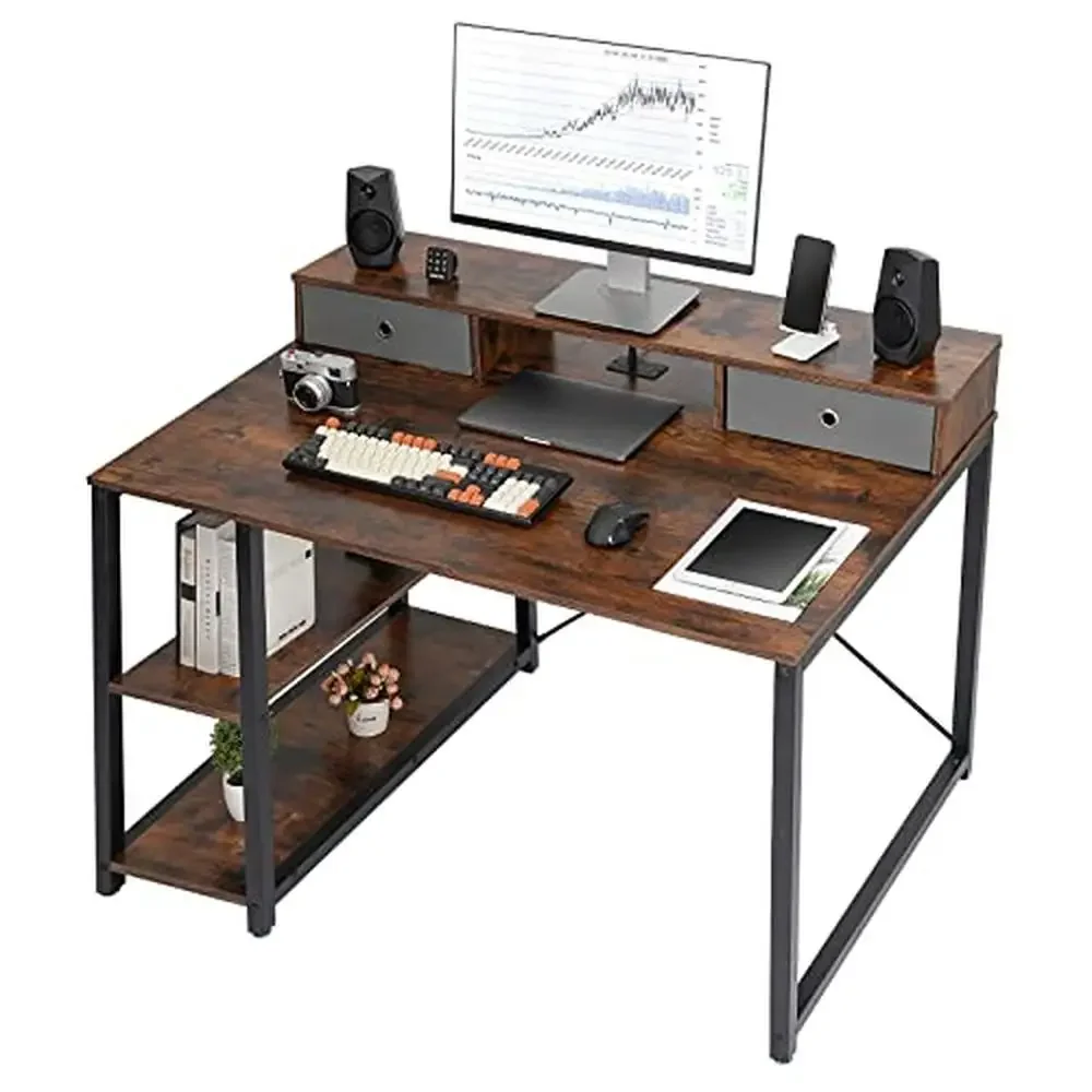 

Computer Desk 47"x31.5" Drawers Monitor Stand Storage Shelf 3-Port Charging Station Rustic Brown Steel Frame