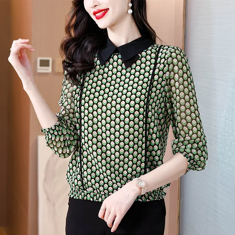 Casual Women's Blouses Printed Vintage Tops Fashion Loose Summer French Clothing Long Sleeved Chiffon Korean Women Shirts