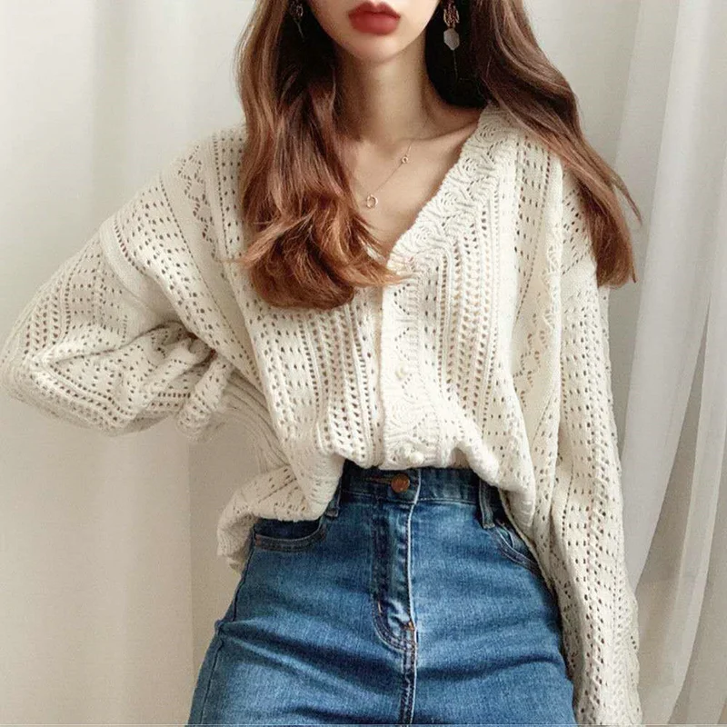 Cárdigan de punto de manga larga para mujer, informal, coreano, liso, con cuello en V, suéter de ganchillo de estilo perezoso Retro elegante para primavera y otoño