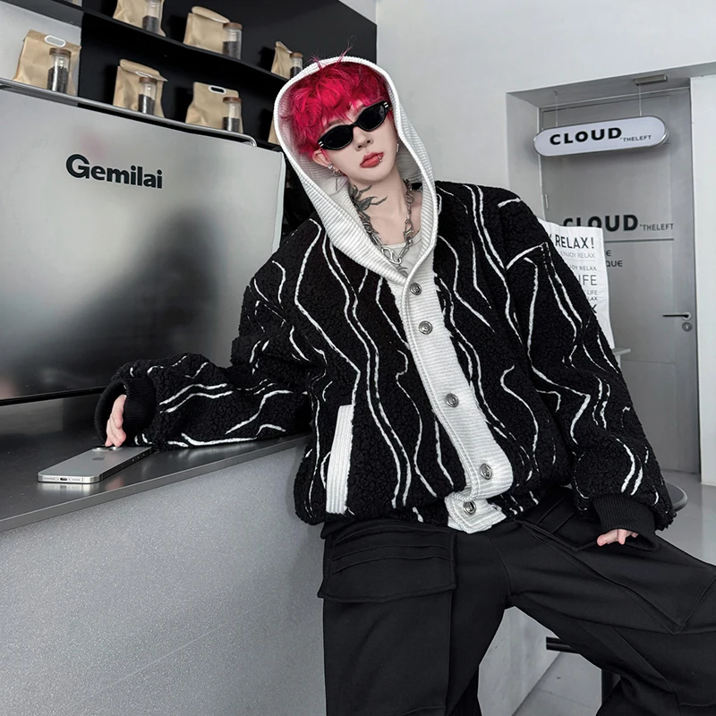 WTHT Fashion Men's Striped Fake Two-pieves Contrast Color Coats Trendy 2025 Autumn Hooded Long Sleeves Jackets Male 2A2356