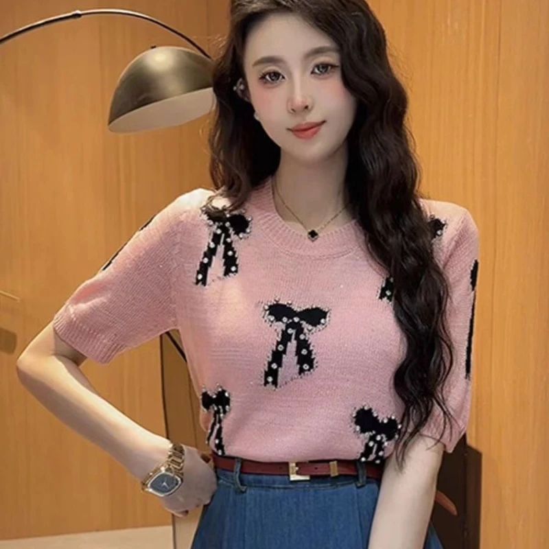 Summer Diamonds Bow Quality Sweater Women Knit Tees T-shirts Short Sleeve Elegant Knit Stylish Fashion Knitwear Jumpers Q1007