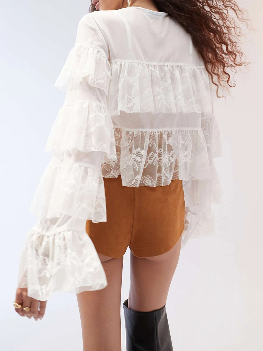 Women Vintage Retro Shirt Lace Patchwork Layered Ruffles Tie Front Long Sleeve Blouses for Club Streetwear Y2K Aesthetic Clothes