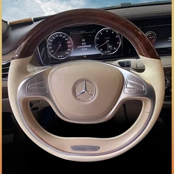 Hand stitch Beige genuine Leather peach wood color Car Steering Wheel Cover for Mercedes-Benz S320 S350 S400 S500 S600 2014-2017