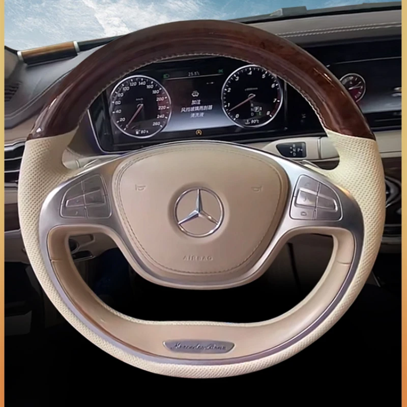 Hand Stitch Beige Genuine Leather Peach Wood Color Car Steering Wheel Cover for Mercedes-Benz S320 S350 S400 S500 S600 2014-2017