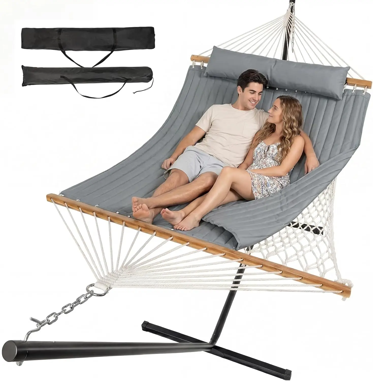 Hammock with Stand, Gray Cotton Rope Hammock with Polyester