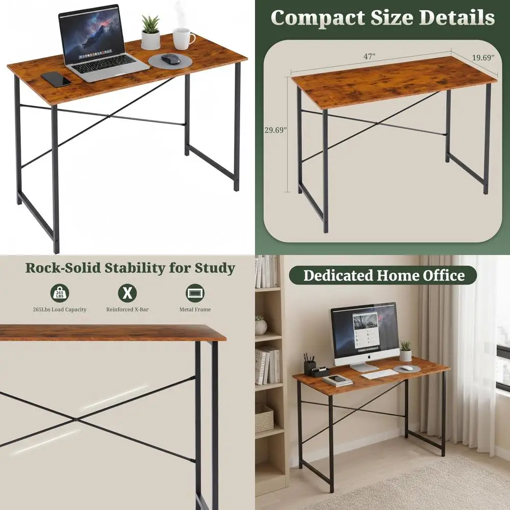 

48 Simple Metal Study Desk with Scratch-Resistant MDF Surface for Home Office, Bedroom, or Dorm, Brown