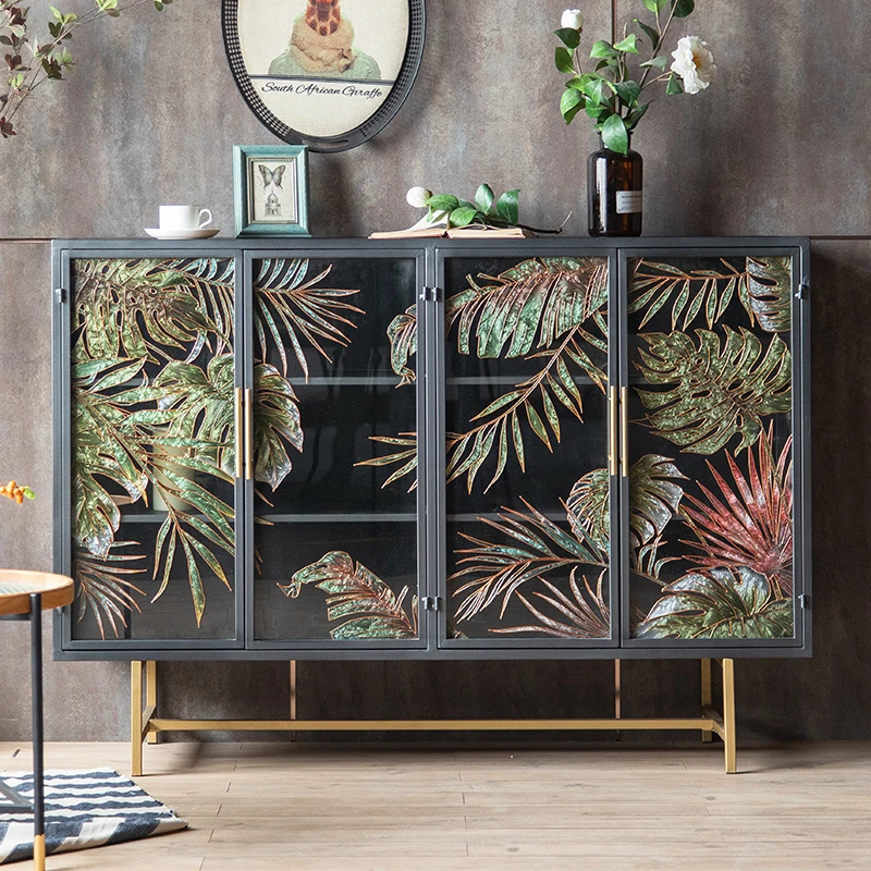 

XHL side shelf multi-functional hand-painted decorative cabinet glass door wrought iron door cabinet