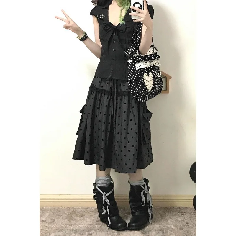 Gray Polka Dot Print Skirt Women Vintage Y2k Aesthetic Pocket A-line Mid Length Skirts Gothic Fashion Versatile Faldas