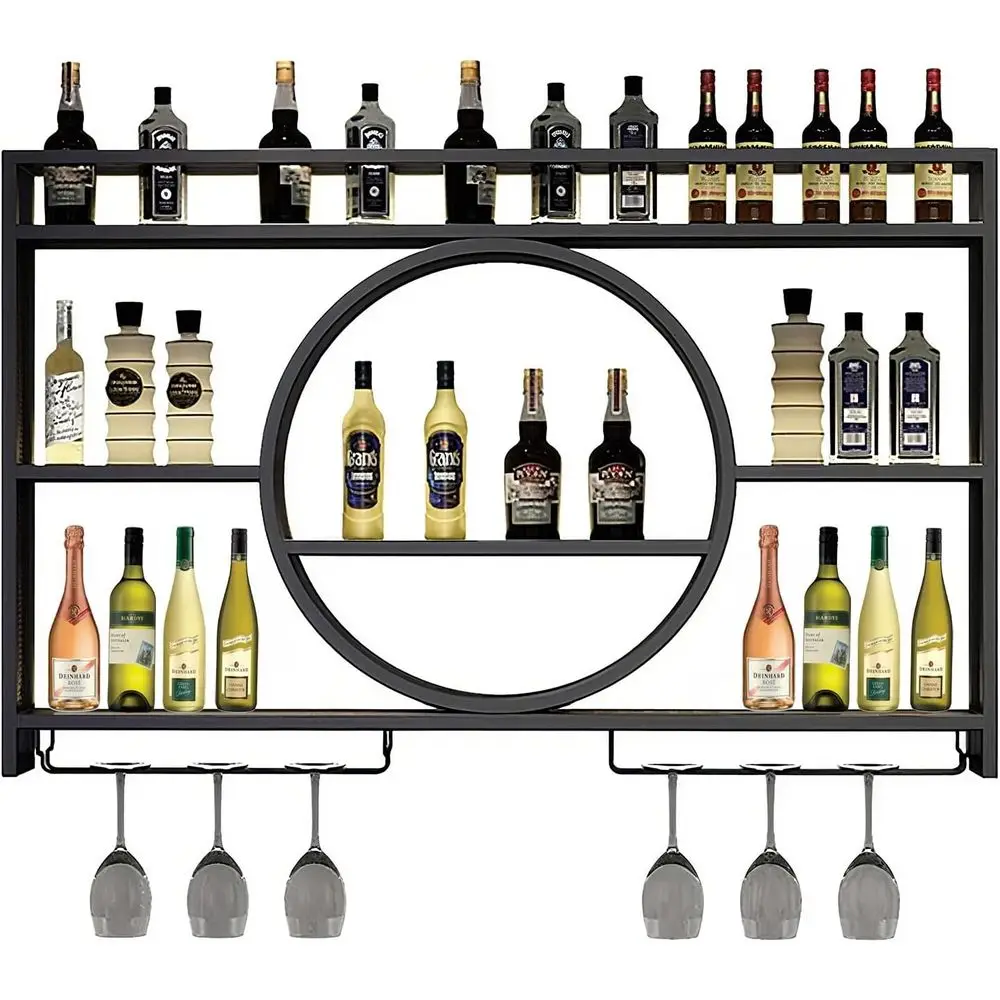 

Large 55.1IN Metal Wall-Mounted Wine Rack with 3-tier Liquor Shelf, LED Light, and Glass Holder for Home Bar & Cafe Display