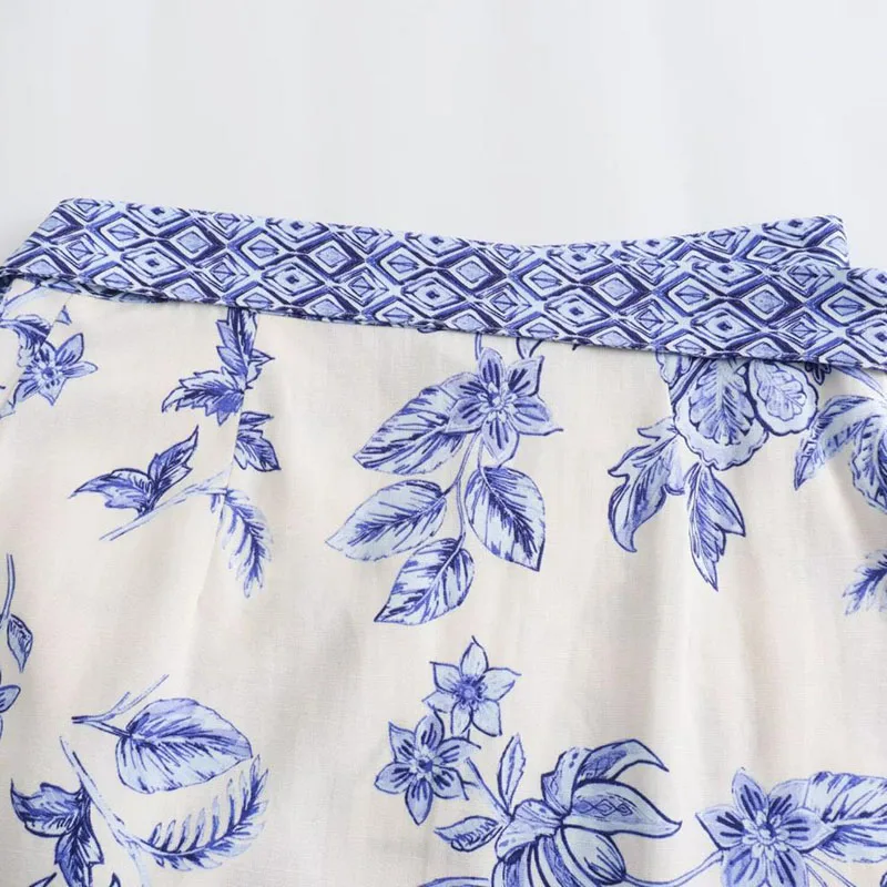 BWQ 2025 Women's Retro Printed Mini Skirts Fashion Bow Bandage Flower High Waist Skirt Summer Casual Versatile Beach Short Skirt