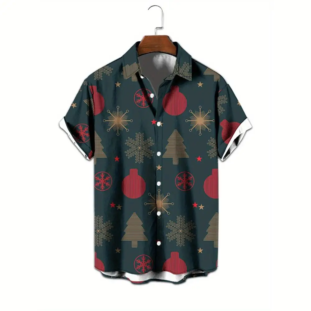 Christmas Tree And Snowflake Pattern Shirt Unisex Party Casual Collared Short Sleeve Tops Loose Breathable Harajuku Streetwear