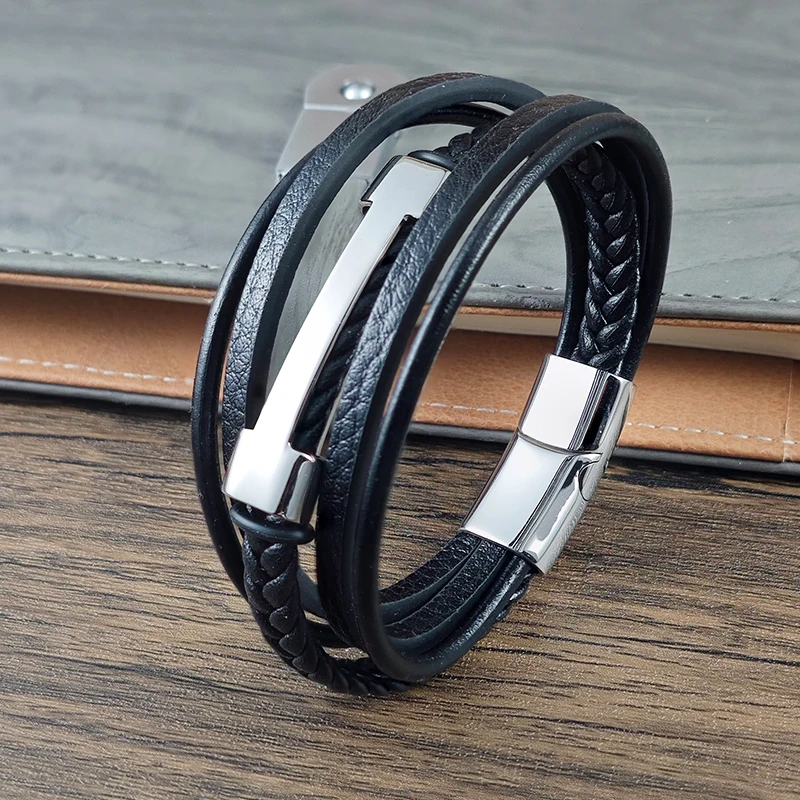Charmantes schwarzes Lederarmband für Herren, mehrschichtig geflochten, mit I-förmigem Magnetverschluss aus Edelstahl, Herrenschmuck, Geschenkarmband