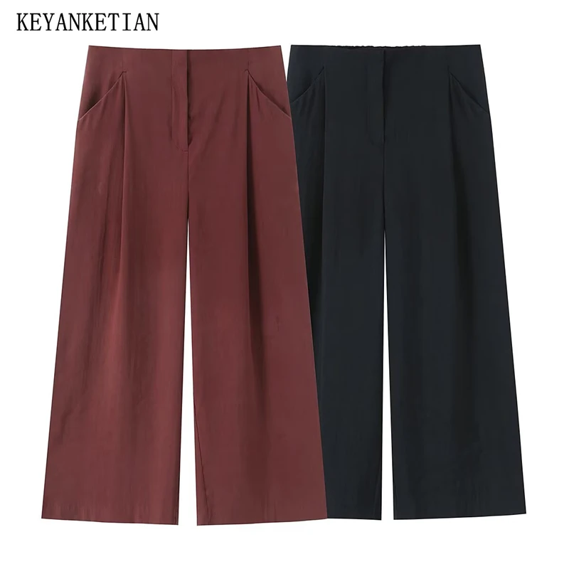 KEYANKETIAN 2026 Spring New Women's Solid colorLeg Tailored Pants Leisure style Zippered Mid-rise Straight Ankle Length Pants