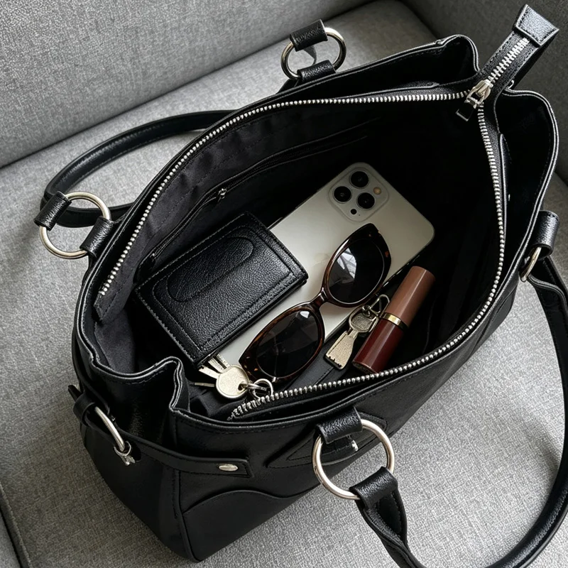 2026 new Y2K cool riveted handbag motorcycle bag punk metal ring shoulder bag underarm bag large capacity commuting tote bag - view 6