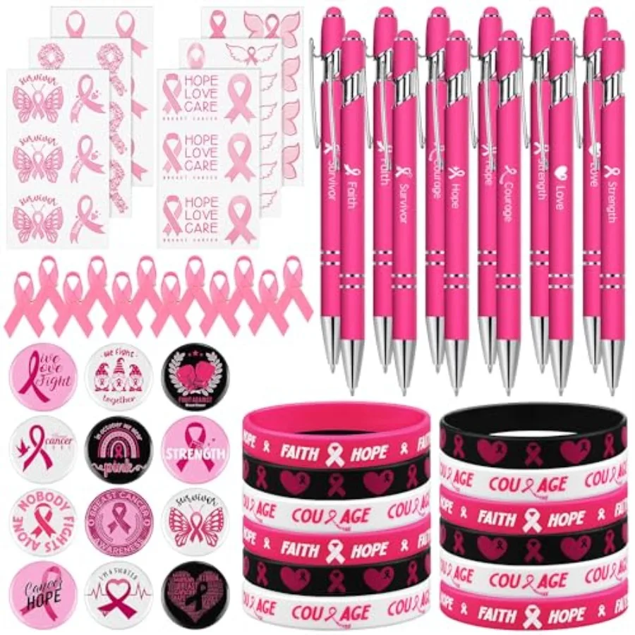 

66 Pieces Breast Cancer Awareness Accessories Pink Ribbon Stuff Support with Pens Pink Ribbon Pins Button Badge Silicone Bracel