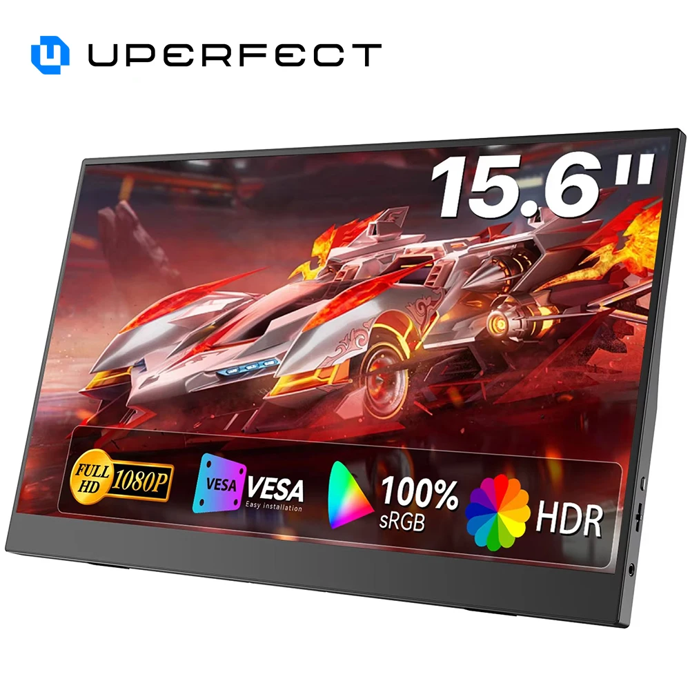 UPERFECT 15.6'' 1920*1080 60Hz Monitor portátil 16:9 tela IPS com o tipo-C Mini HDMI segunda exibição suporte traseiro 2 alto-falantes para o portátil XBox PS4/5 interruptor caixa de TV PC extensão móvel MAC