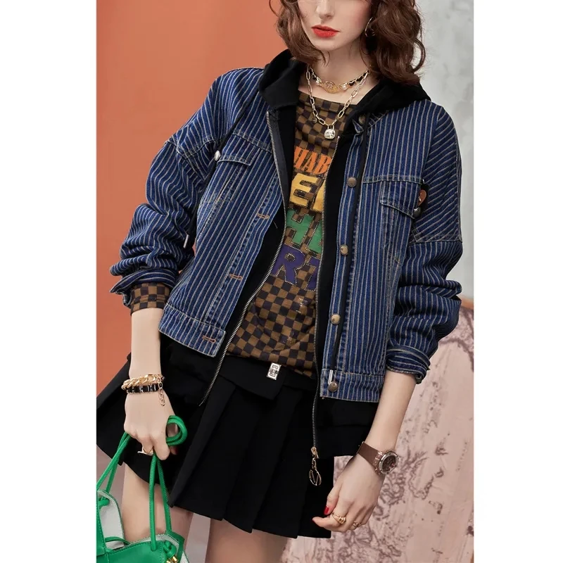 European Denim Jacket Women Early Autumn 2025 New Fake Two-piece Jacket Top Long Sleeved Denim Patchwork Hooded Baseball Clothes