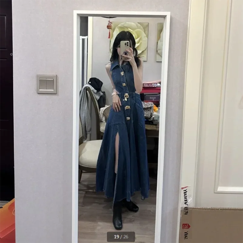 New Summer Backless Modified Jeans Dresses Women\'s Double Slit Dress Stand Collar Metal Button Slim Waist High-End Denim Dress