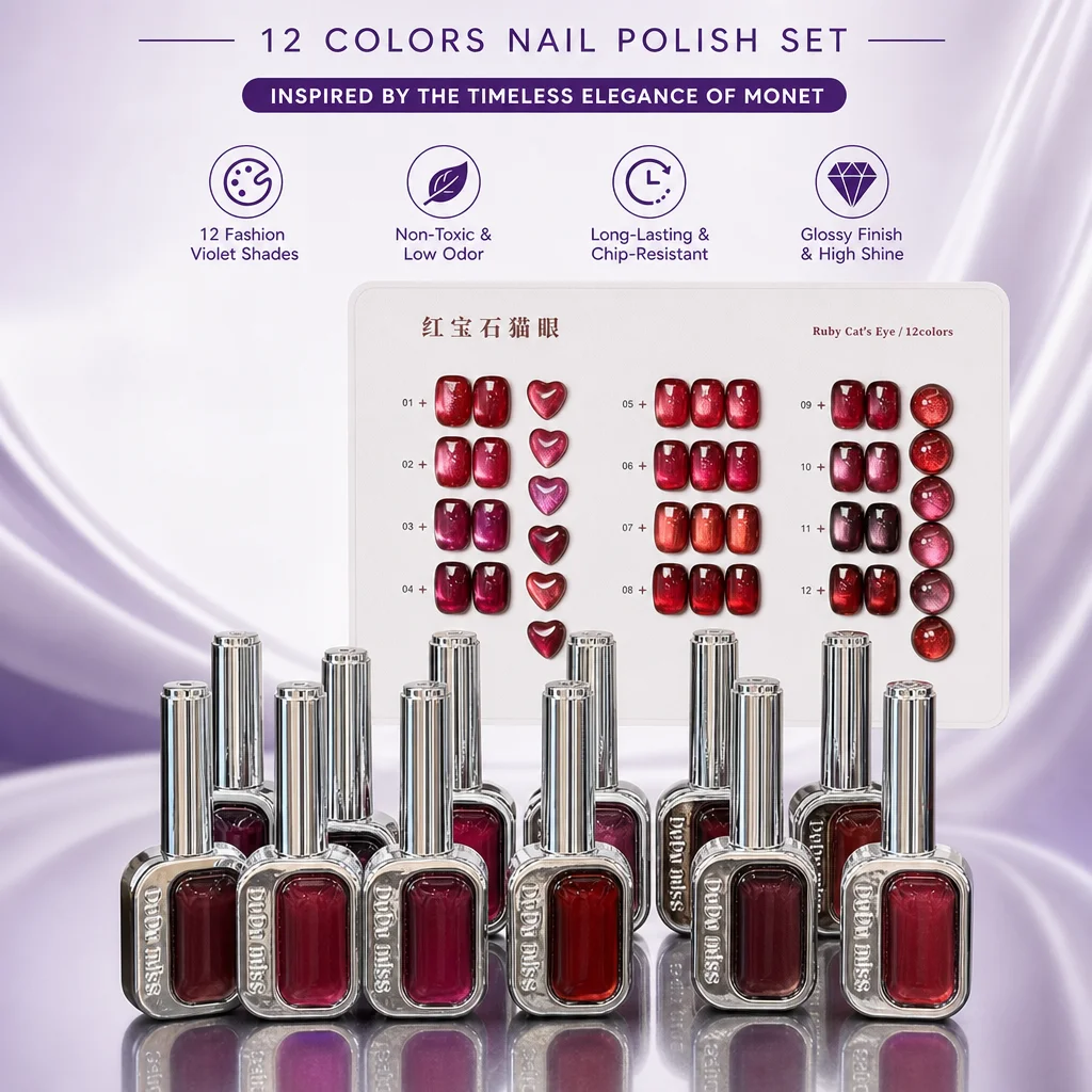 12 Colors Crystal Glass Bead Cat Eye Nail Gel Polish Set Red Series Professional Salon Quality for DIY Home Use One Color per Bo