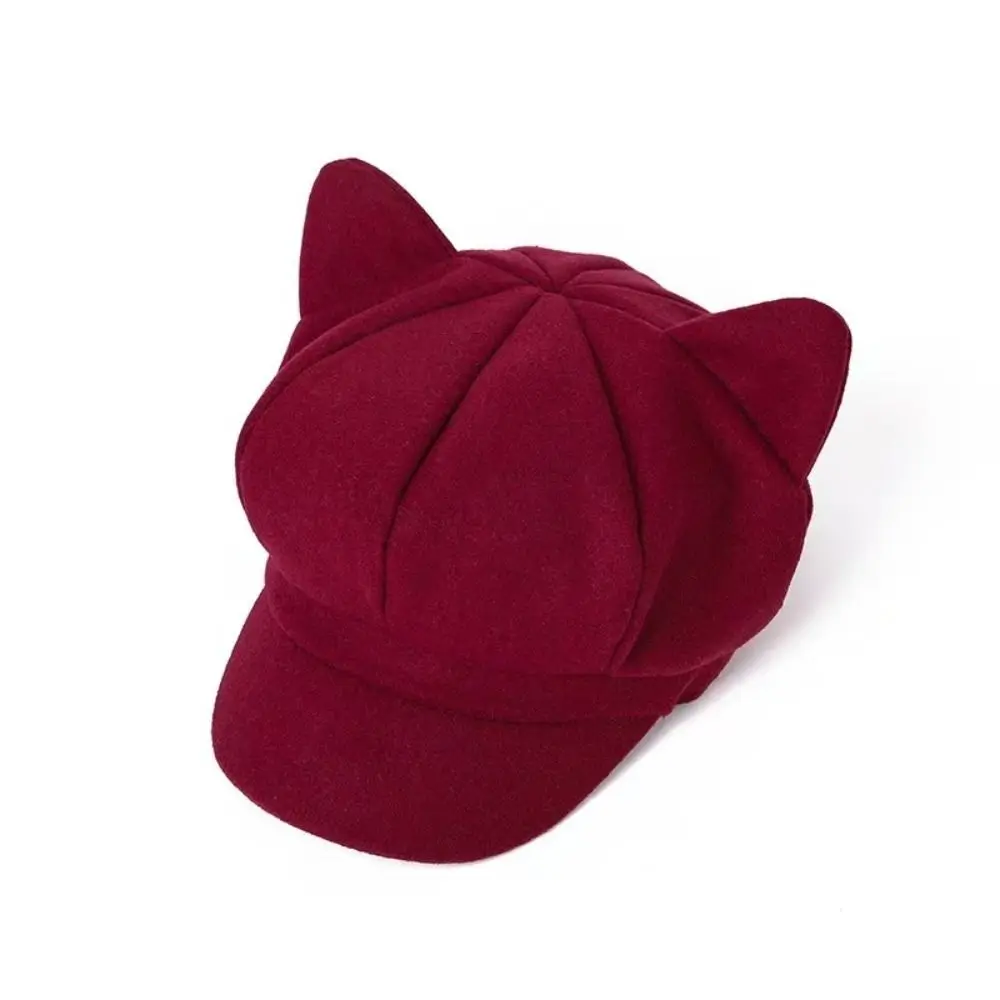 

Fashion Cute Cat Ears Beret Hat Vintage Painter Artist Hat Cloud Berets Solid Color Octagonal Cap for Women Girls