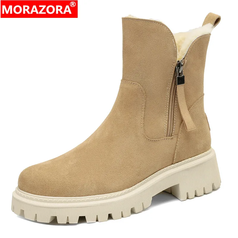 

MORAZORA 2024 New Cow Suede Leather Snow Boots Women Shoes Zipper Platform Warm Nature Wool Ankle Boots Winter Ladies Shoes