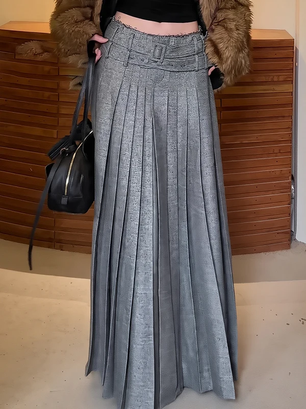 Grey A-Line Long Skirt Women's Autumn Winter New Style Casual High Waist Half Body Dressing Skirts Ultra Beautiful Folded Skirts