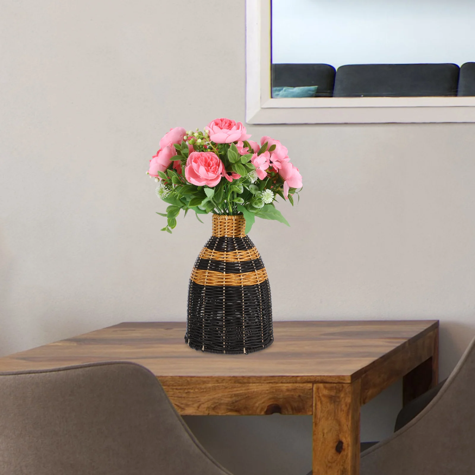 

Rattan Vase Woven Flower Basket Arrangement Decorative Weaving Pastoral Style Home Office Balcony Desk Plastic