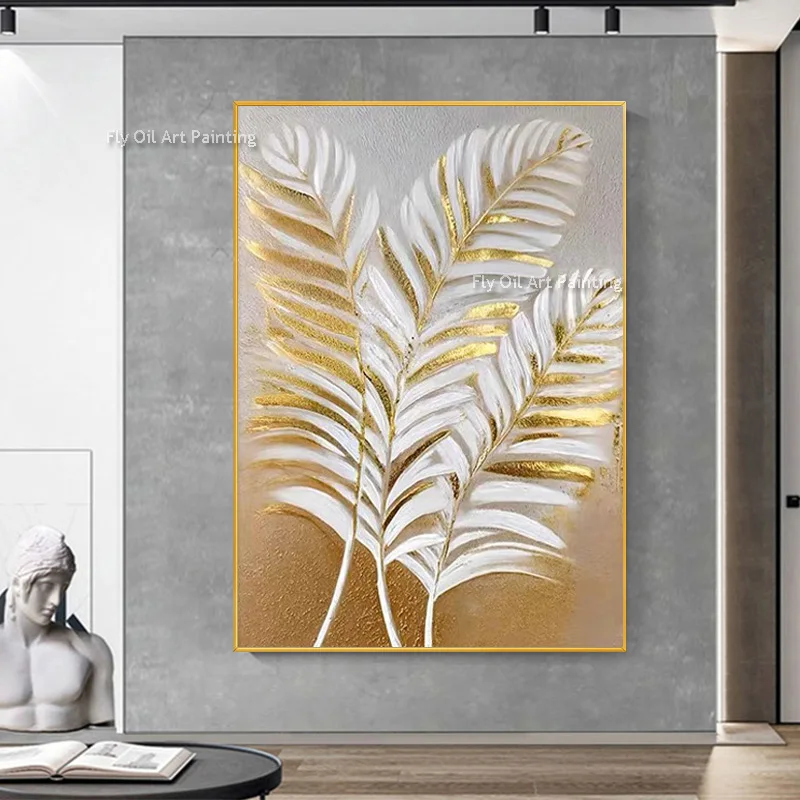 Handpainted White And Golden Feather Oil Painting Modern Luxry Golden White Flowers Canvas Wall Art Gold Foil Artwork Decor