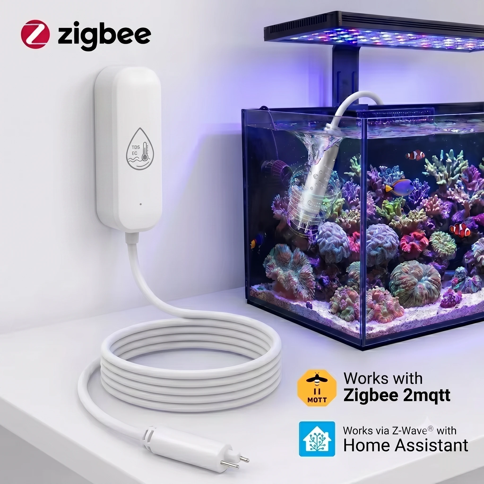 Image of Zigbee 7-in-1 Wasserqualitätssensor TDS/EC/SG/Temp Salzgehalt-Erkennung für Schwimmbäder, Aquarien, Trinkwasser-Tests
