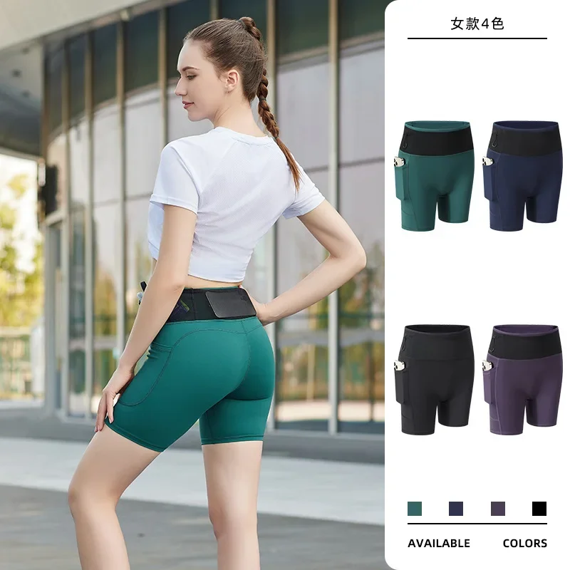 

Running Shorts with Pockets Summer Sports Workout Women Fitness Gym High Elastic Training Sportwear Compression Yoga Shorts