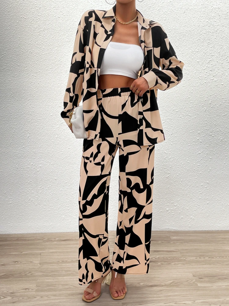 2 Piece Sets Women Outfit New in Spring Summer Fashion Women Tops Elegant Commuting Printed Button Pants Set Women's Clothing