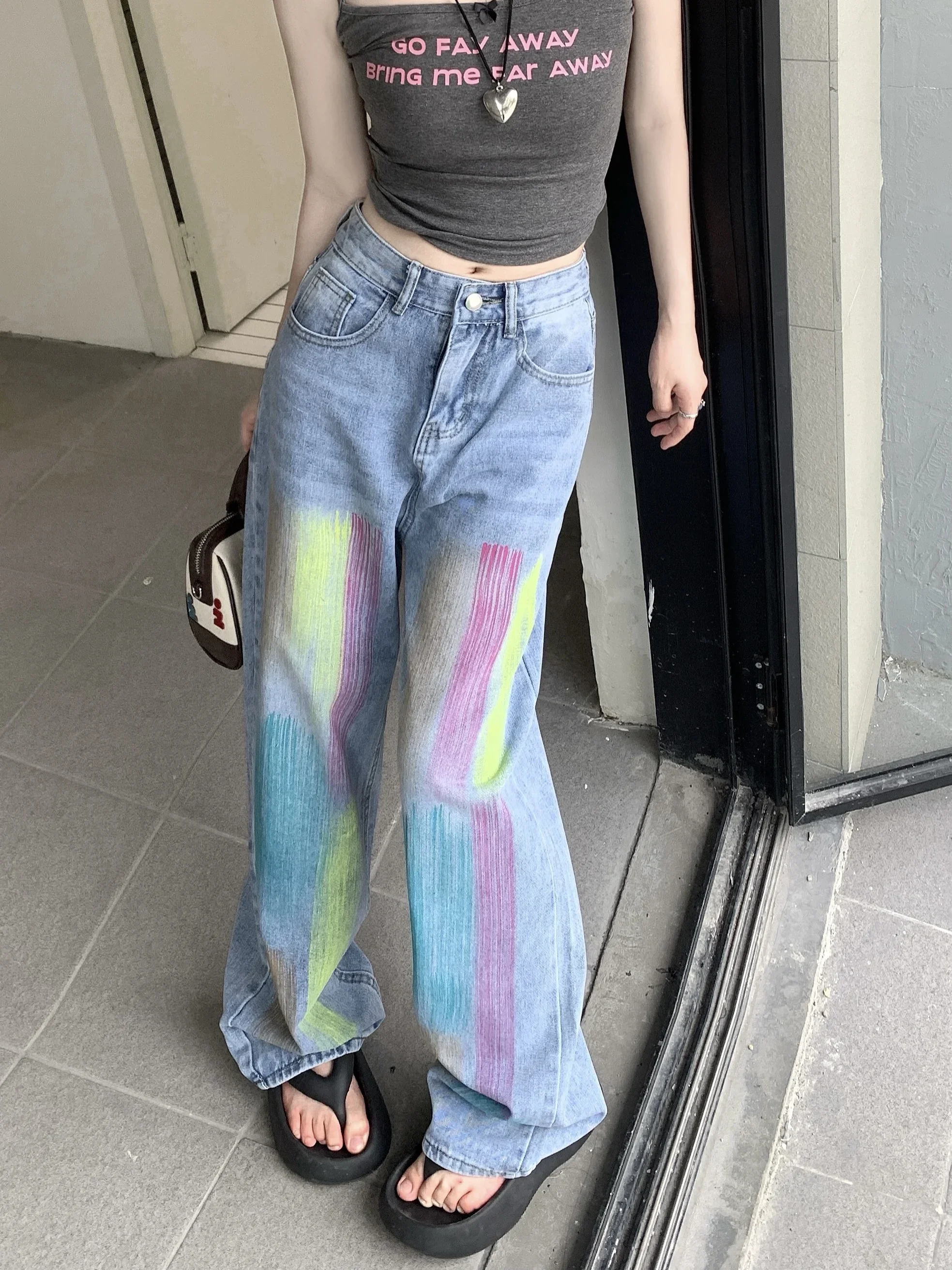 Summer Women Vintage Blue Painted Distressed Jeans Streetwear Female Casual Straight Trousers High Waist Wide Leg Denim Pants