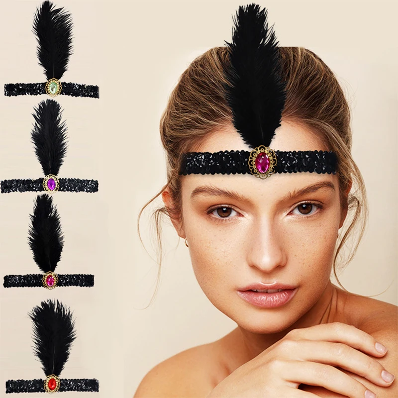 

New Women Feather Hairband Halloween Cosplay Elastic Shiny Sequins Hair Band Party Costume Accessories Turban Hair Hoop