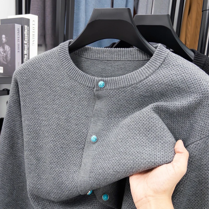 

​​Men's Pineapple Knit Cardigan - Gray & Black Color Block Wool Blend Open Front | Spring Autumn Lightweight Layer​​