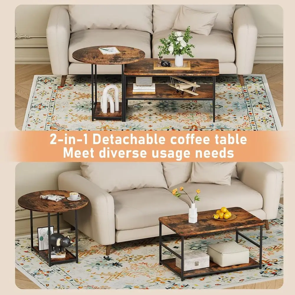 Rustic Nesting Coffee Table Set, Mid-Century Modern Design, 2-in-1 Detachable for Living Room, Farmhouse Style, Brown