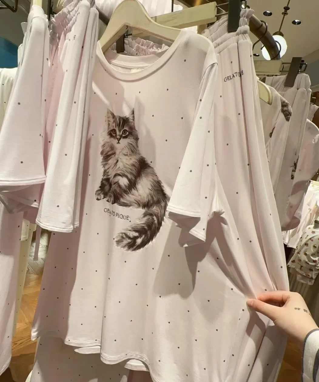 Summer Autumn New Ice Cream Cute Cartoon Cat Polka Dot Pajamas Women's Modal Cotton Short-sleeve Top Trousers Pajamas Sleepwear